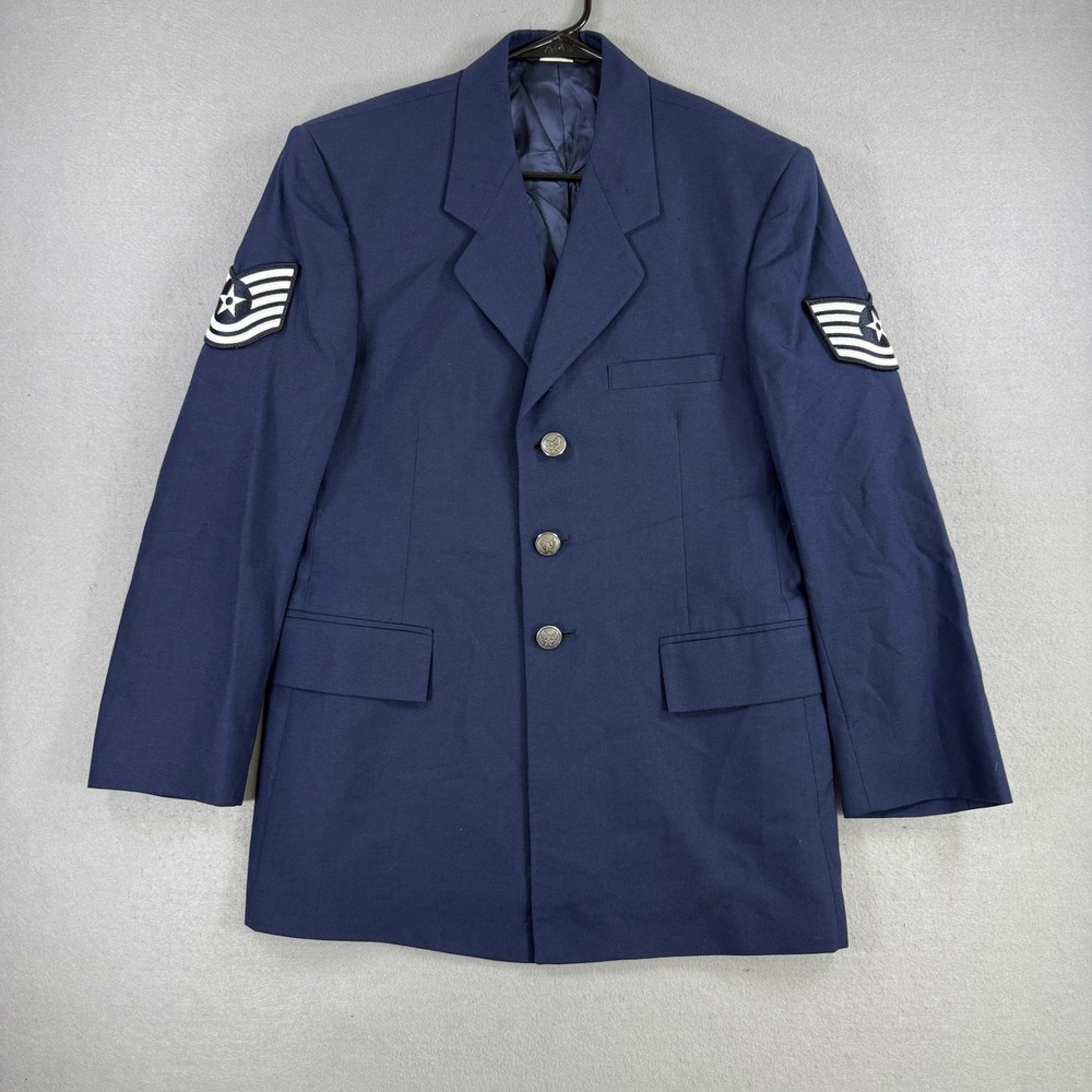US Air Force Coat Mens 38S Blue Dress Jacket Military Staff Sergeant Patch DPSC